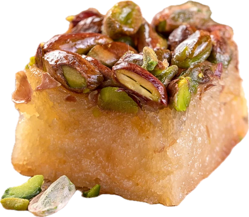 One harissa square, whole pistachio, dates.