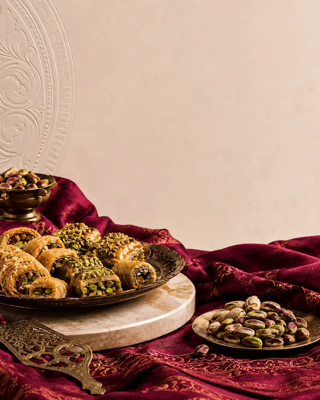 Rolled pistachio pastries on a brass plate against a sand-coloured wall carved with a damask relief, burgundy silk gathered beneath.
